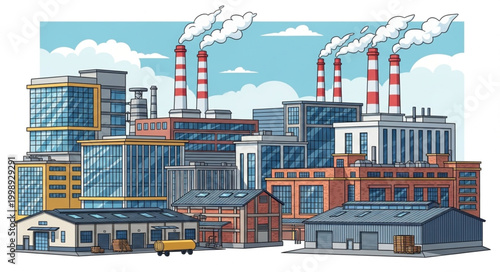 Industrial factory complex with smoking chimneys and modern buildings.