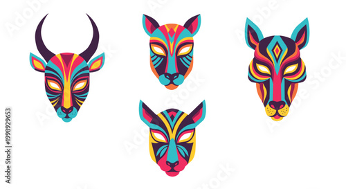 Collection of four colorful tribal animal masks including an antelope and feline creatures featuring vibrant geometric patterns.