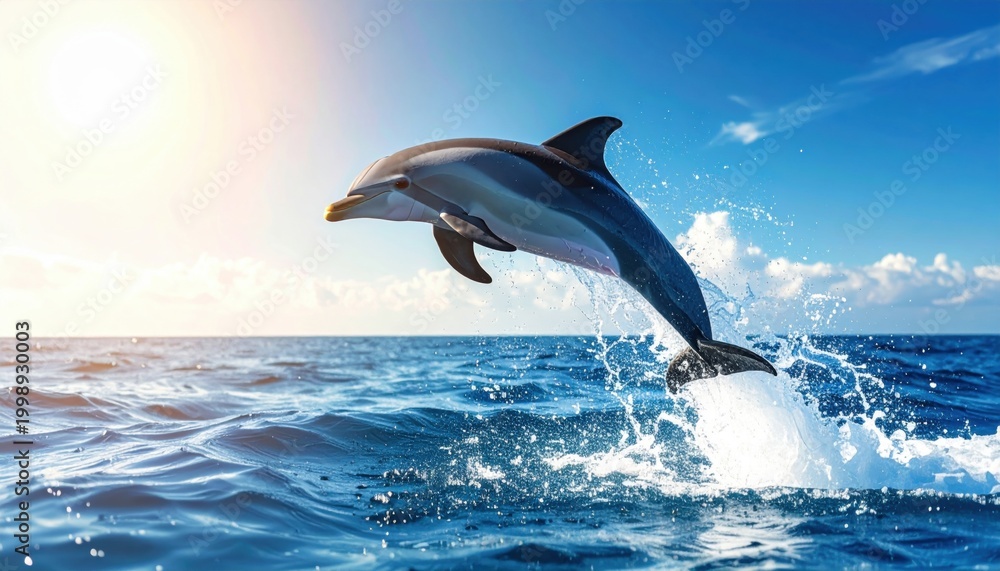 Fototapeta premium A Majestic Dolphin Leaping Gracefully from the Ocean's Surface Under a Bright Blue Sky