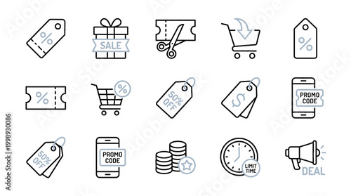 E-commerce icons showcase various shopping symbols and tags on a white background