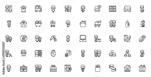 Family Life icon set. Vector illustration of family activities and home items. Includes symbols for parents, children, grandparents, love, home, care, birthday, pets and daily life. Editable stroke.