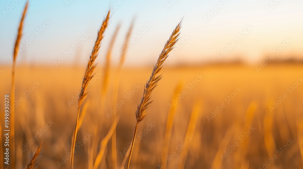 Fototapeta premium Close-up of dry grass stalks against a blurred golden field and sunset sky, portraying a concept of drought and climate change