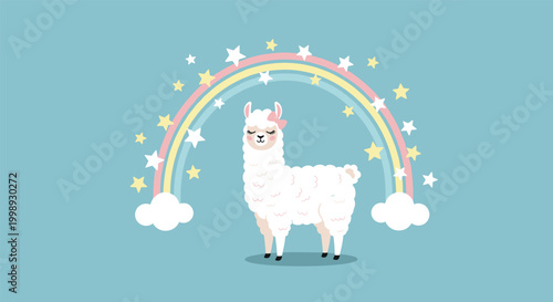 Cute white llama with pink bow standing in front of a colorful rainbow and stars on light blue background graphics.