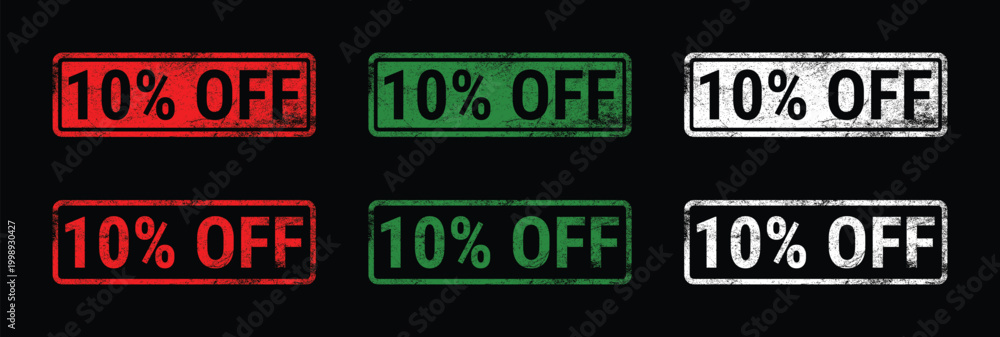 Fototapeta premium sale discount stamp set grunge 10 percent off badge red green white vector collection