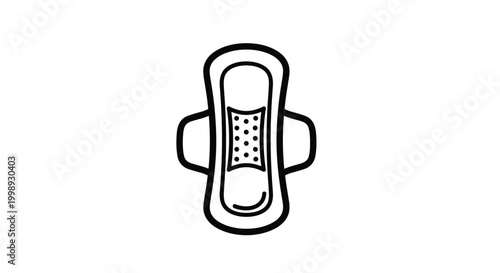 Simple black and white line art icon of a sanitary napkin or menstrual pad for feminine hygiene products packaging.