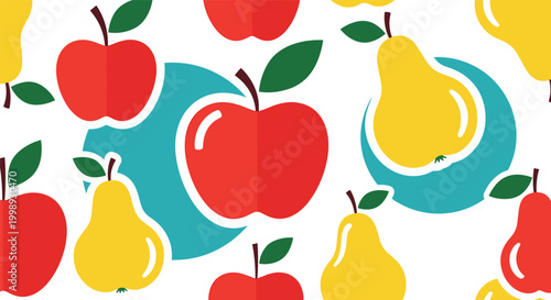 Vibrant seamless pattern with red apples and yellow pears with green leaves on white background for kitchen decor.