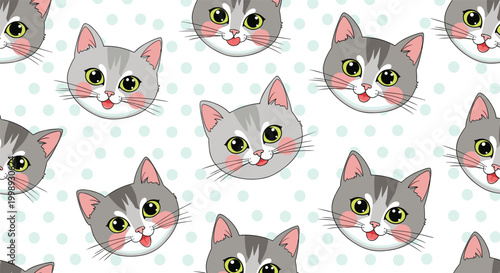 Cute seamless pattern with gray and white kitten faces on a light blue polka dot background for kids textiles.