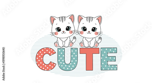 Two identical white kittens sitting above a large colorful cute word for twins or siblings nursery wall art decor.