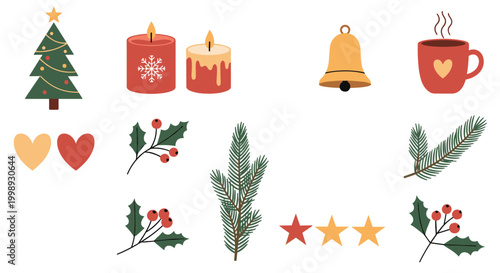 Collection of christmas elements including evergreen tree candles bell coffee and holly berries for holiday cards.