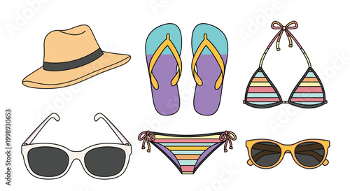 Set of summer beach accessories including sun hat flip flops bikini and sunglasses for travel and vacation themes.