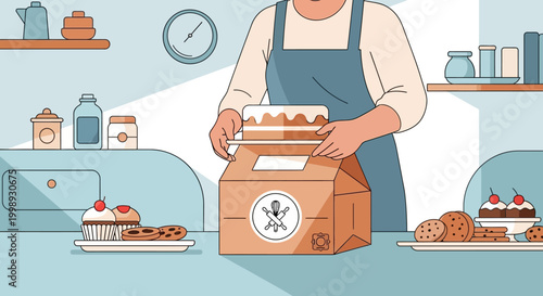 Baker carefully packaging a delicious cake for delivery.