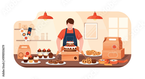 Baker proudly presenting a delicious cake in his shop.