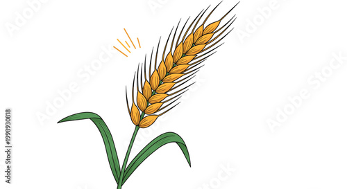Single golden ear of wheat with green leaves and small orange lines signifying light or energy on a white background.