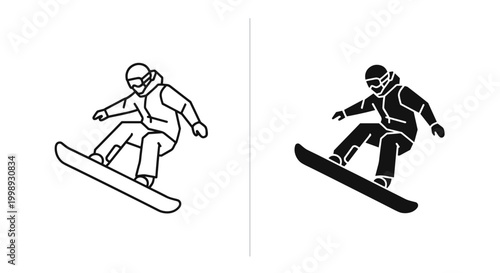 Snowboarder jumping in mid-air vector icons, winter sports athlete performing trick, black and white snowboarding silhouette and line art set