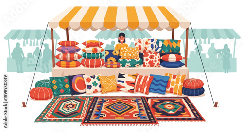 Colorful Bazaar Stall Displaying Textiles and Rugs.
