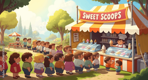 Children queue for ice cream at a colorful stand.