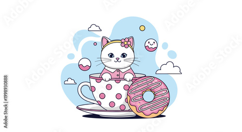 Adorable white cat wearing a flower headband sitting in a polka dot teacup next to a large pink glazed donut icon.