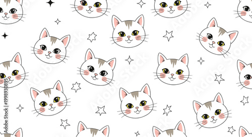 Seamless pattern featuring cute white and grey cat heads with pink cheeks and sparkling stars on a white background.