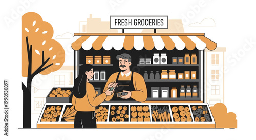 Customer buying fresh groceries from a friendly shopkeeper.
