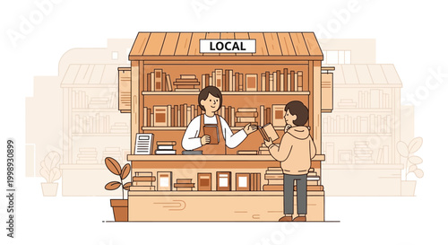 Customer buying books from local store owner illustration.