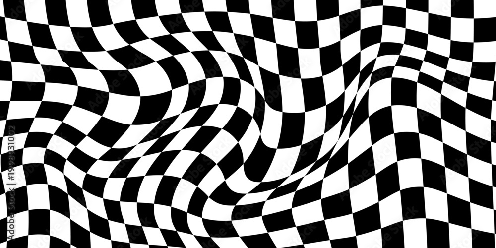 Obraz premium Checkered background with distorted squares. Abstract banner with distortion. Chess pattern. Chessboard surface.
