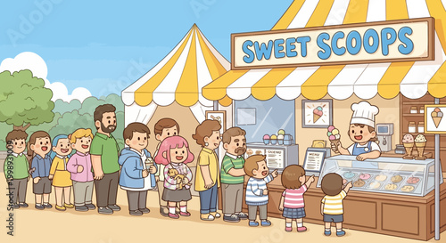 Diverse group of people queuing for ice cream at a sweet shop.