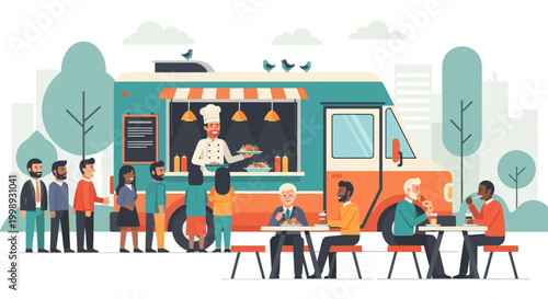 Diverse people enjoying food from a vibrant food truck.