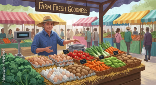 Farmer Selling Fresh Produce at Outdoor Market.