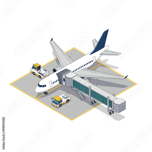 Isometric Airplane at Airport Gate with Jet Bridge and Service Vehicles.
