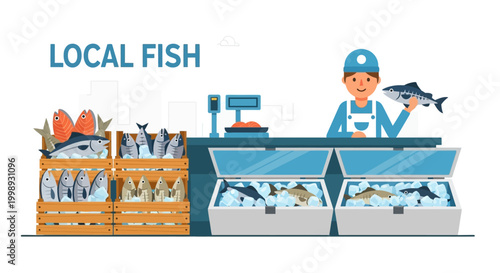 Fishmonger selling fresh seafood at market stall.