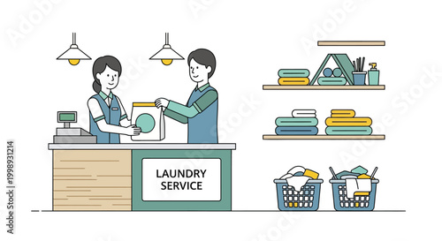 Man and woman working at laundry service counter.