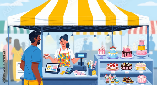 Man buying cake from bakery stall at outdoor market.