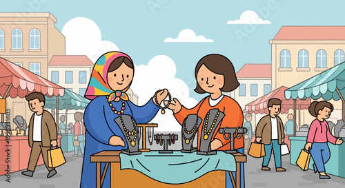 Two women at a market stall selling jewelry.