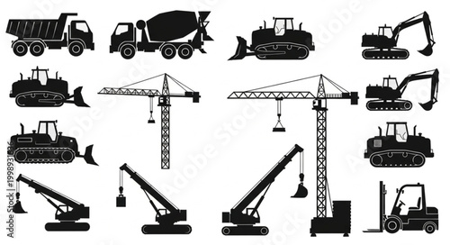 Collection of construction vehicles and heavy machinery silhouettes.