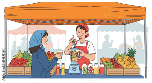 Woman buying fresh juice at a market stall.