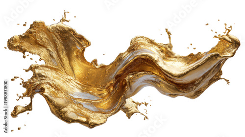 Dynamic gold paint splash, metallic fluid flying mid-air, white background