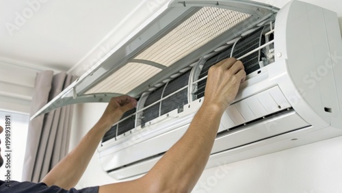 A person is cleaning or maintaining the filter of a wall-mounted air conditioner unit inside a bright room with curtains.
