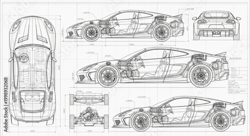 Detailed technical blueprint drawing of a modern sports car.