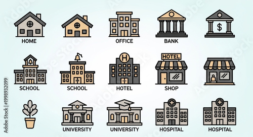 Collection of Diverse Building Icons Representing Various Institutions.