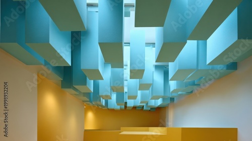 Modern Light Blue Acoustically Treated Ceiling Panels Create a Visually Striking Interior Design.
