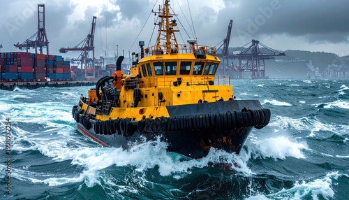 Powerful Yellow Tugboat Navigates Choppy Seas Amidst Industrial Harbor Cranes