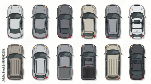 Top View Car Collection Vector Set, Overhead Vehicles Pack, Sedan SUV Pickup Roof View Isolated Transparent Background