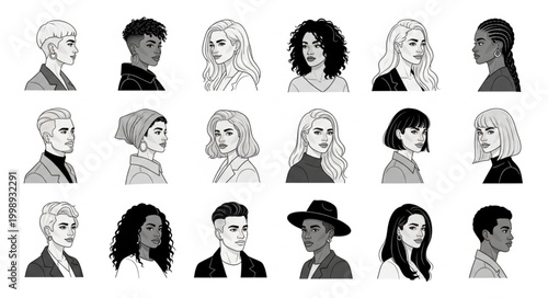 Diverse Collection of Stylized Human Portraits in Black and White.