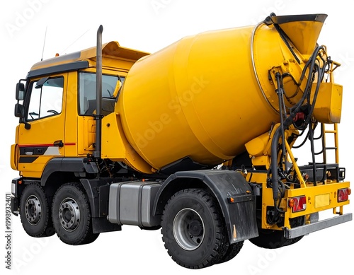 Side view of a yellow concrete mixer truck on a white background, showing its cab, wheels, and rotating drum