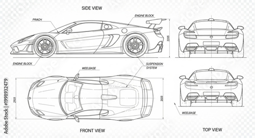 Fotografie Detailed Technical Blueprint Drawings of a High-Performance Sports Car