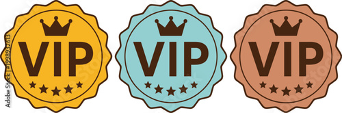 VIP Badge Label Set with Crown and Stars Featuring Gold Silver and Bronze Levels Round Premium Icon Collection Vector Illustration