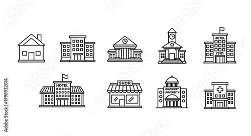 Collection of diverse building icons representing different structures.