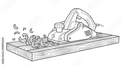 Electric planer smoothing wood block creating wood shavings isolated vector