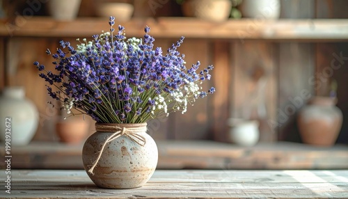 A small bouquet of dried lavender flowers in a rustic vase, arranged on a wooden surface with shelves in the background