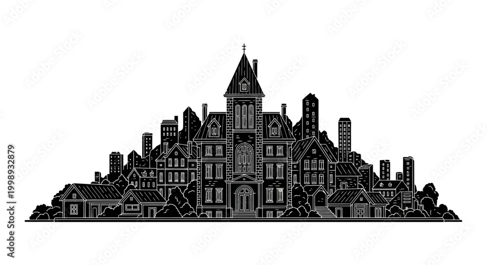 Obraz premium Gothic Mansion Silhouette Illustration ? Vintage Architectural Design